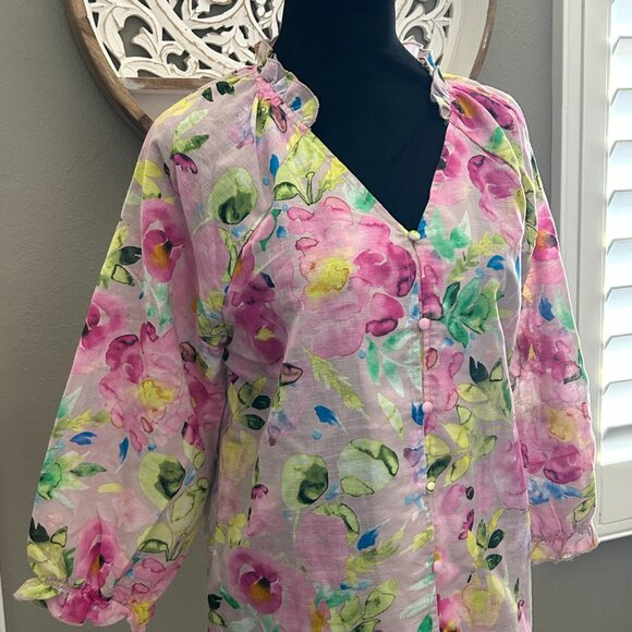 Hester & Orchard Shirt Linen Pink Yellow Watercolor Floral Blouse 3/4 Sleeve SZM - Picture 4 of 8